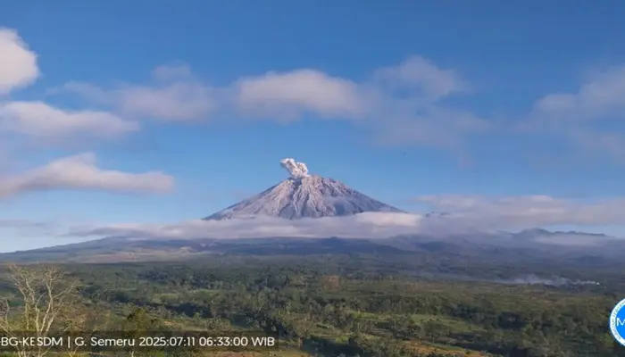 Gunung Semeru kembali erupsi mengeluarkan asap erupsi setinggi 700 meter terlihat dari kejauhan di pagi hari dengan langit cerah.