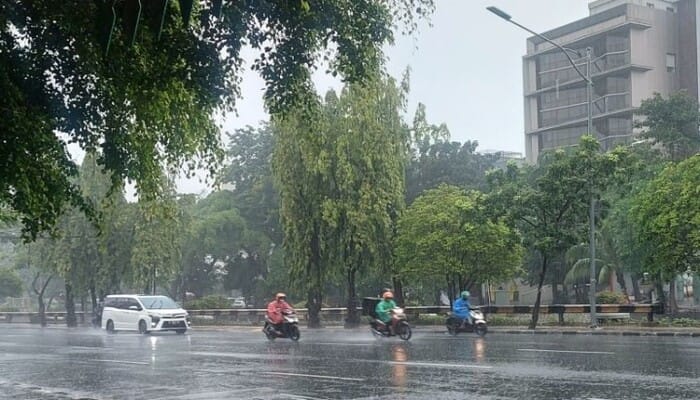 BMKG Peringatkan Cuaca Ekstrem, Pengendara motor dan mobil melintasi jalan raya yang basah akibat hujan deras di tengah kota, dikelilingi pepohonan hijau dan gedung bertingkat.