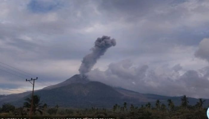 Gunung Lewotobi Erupsi Beruntun, Asap hitam membumbung dari puncak Gunung Lewotobi Laki-laki saat erupsi, terlihat dari kejauhan dengan langit mendung dan pepohonan di kaki gunung.